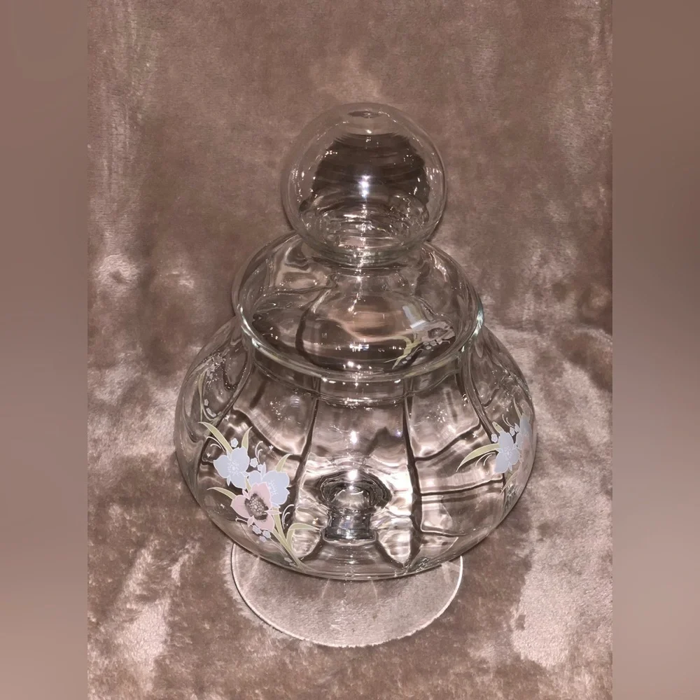 Vintage Pastel Floral Clear Glass Apothecary Pedestal Jar Round Bubble Potbelly
